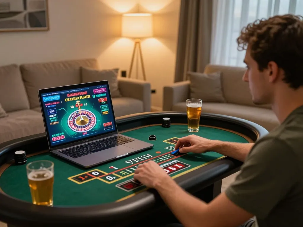Player engaging in online casino gaming at home, choosing strategies on go8's platform.