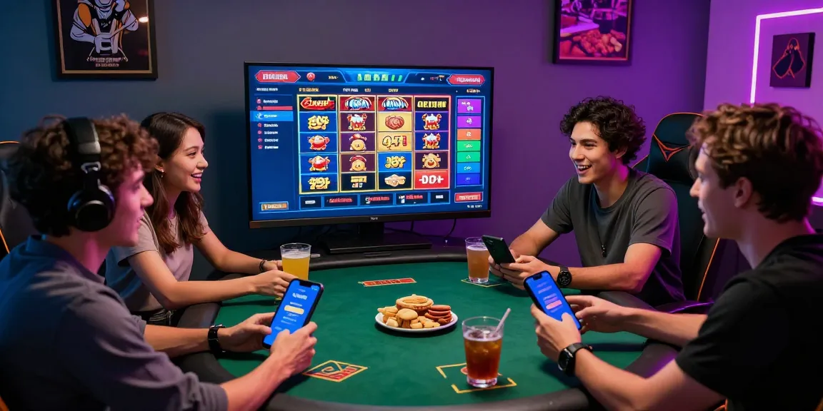 Pajaktoto login scene with friends enjoying online gaming atmosphere, showcasing excitement, vibrant screens, and snacks.