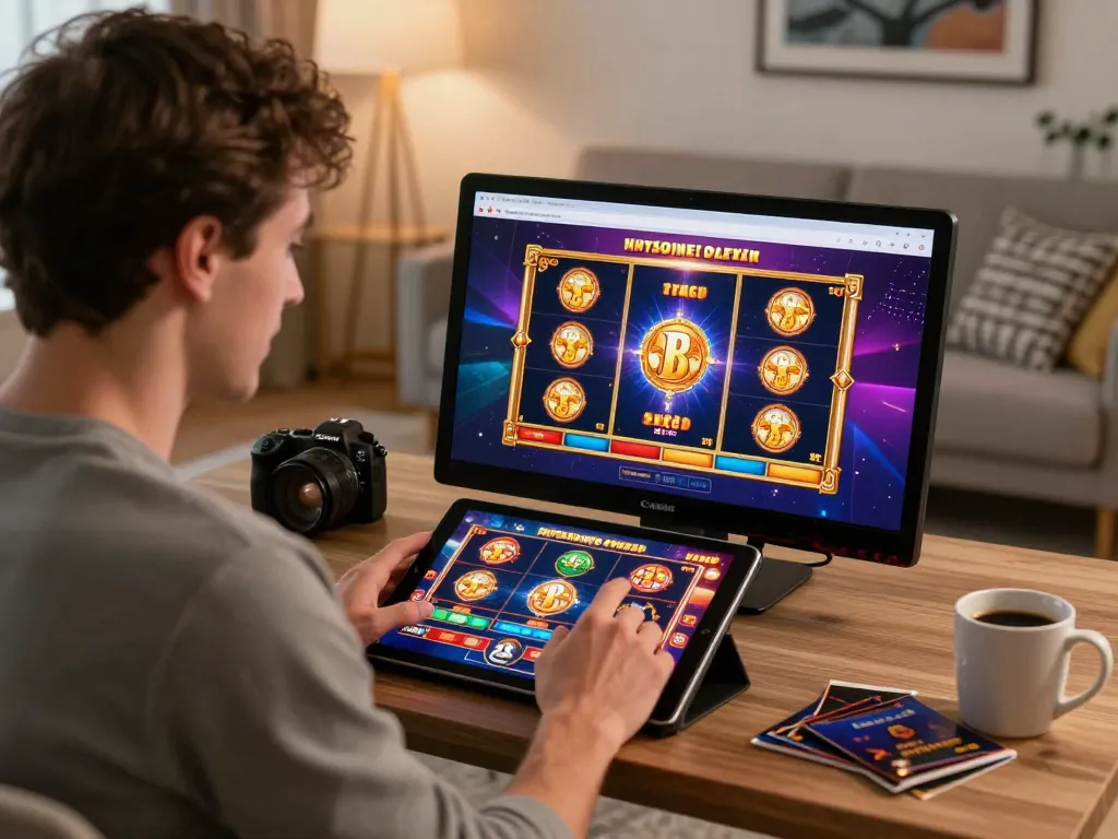 Excited player enjoying slots on aa88i's online casino platform on a tablet from home.