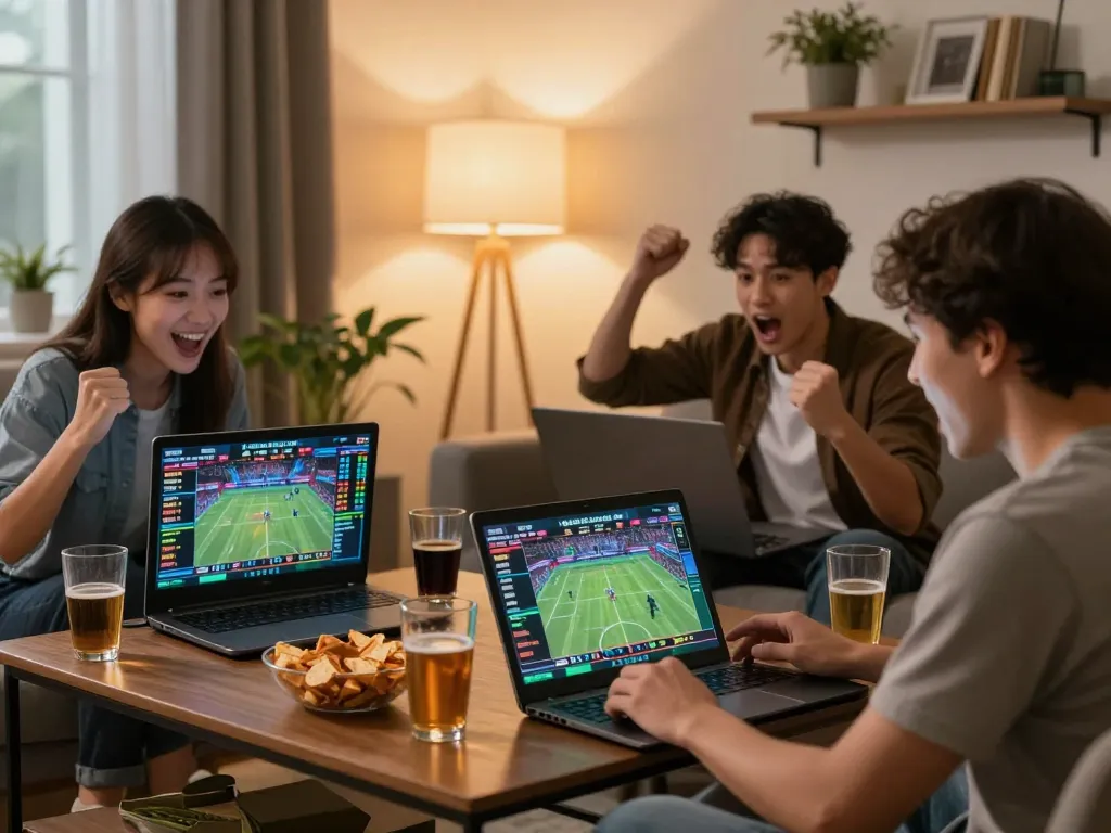 Excited bettors engaging in strategic m110 online sports betting during live matches in cozy setting.