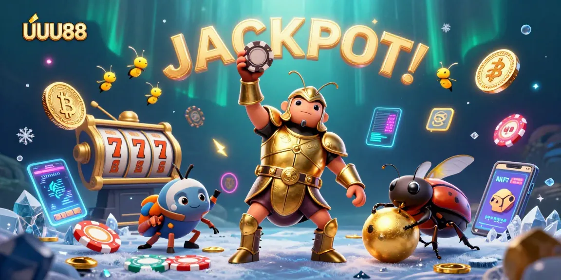 Join the excitement at UUU88 with a victorious beetle lifting a poker chip, surrounded by vibrant casino elements.
