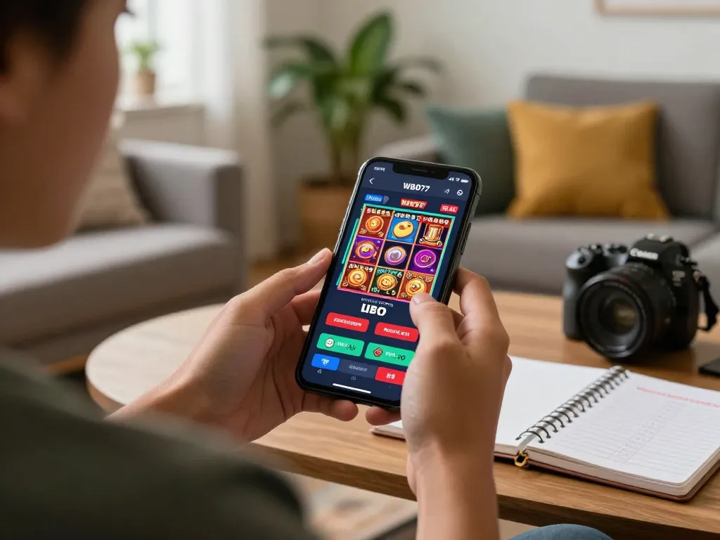Orang menikmati pengalaman kasino mobile WBO77, bermain slot di smartphone di ruang tamu yang nyaman.