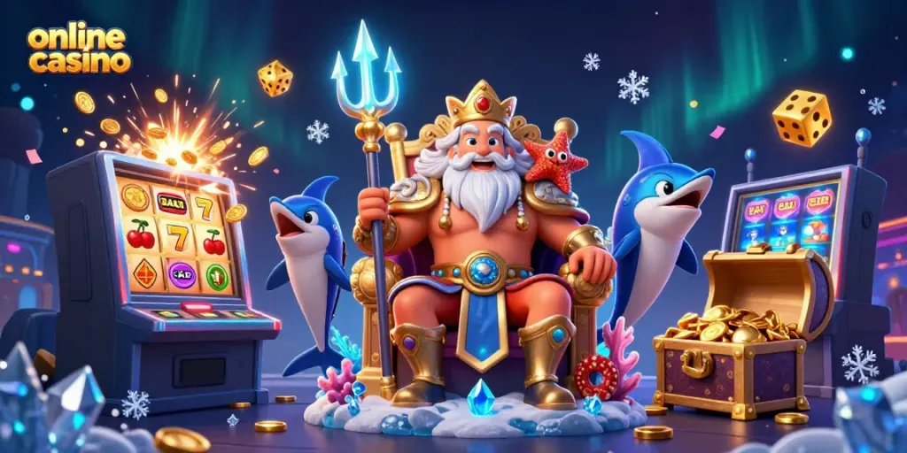 Experience the excitement of an online casino with this vibrant illustration featuring Neptune and game elements.