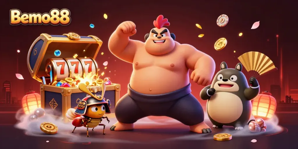 Bemo88 immersive casino adventure featuring sumo wrestler rooster and samurai cricket in a richly detailed scene filled with gaming elements
