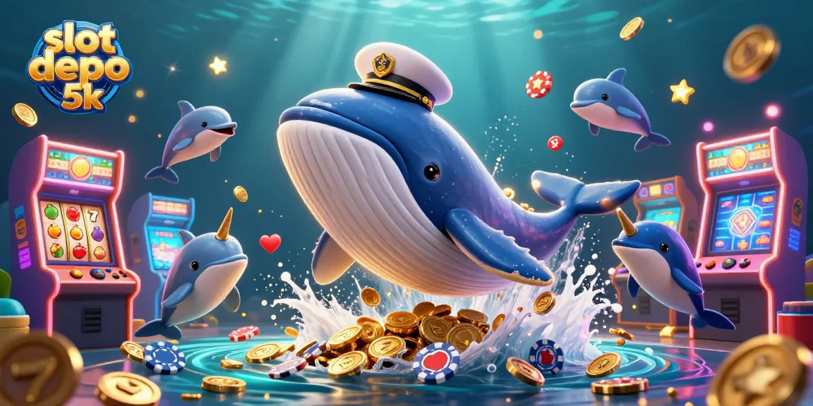 Slot depo 5k menghadirkan ilustrasi menarik dengan ikan paus dan simbol permainan.