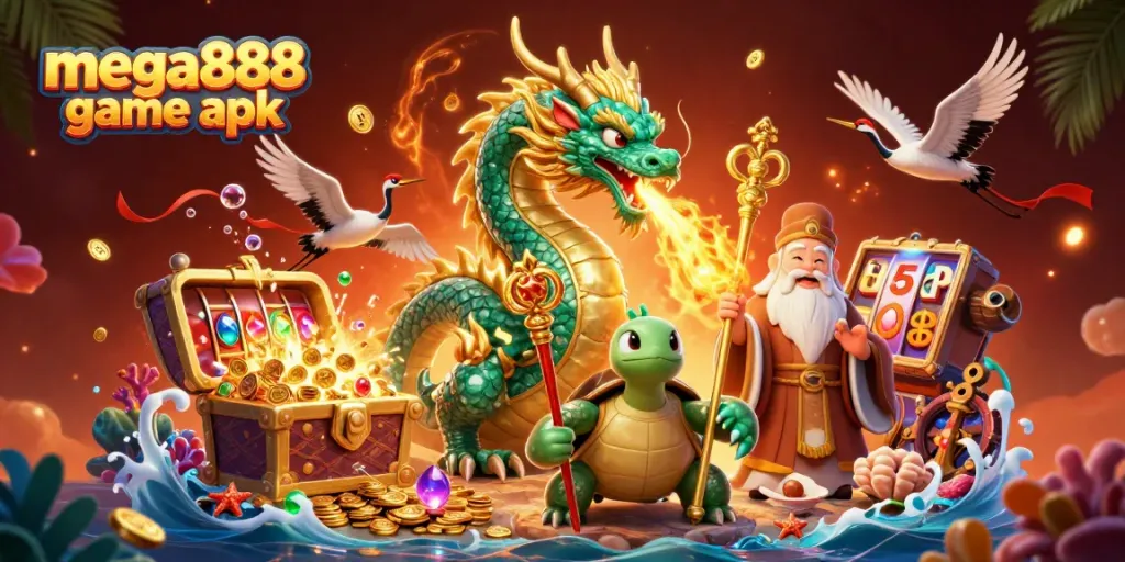 Experience the mega888 game apk with an epic casino-themed fantasy scene featuring a dragon and treasures.