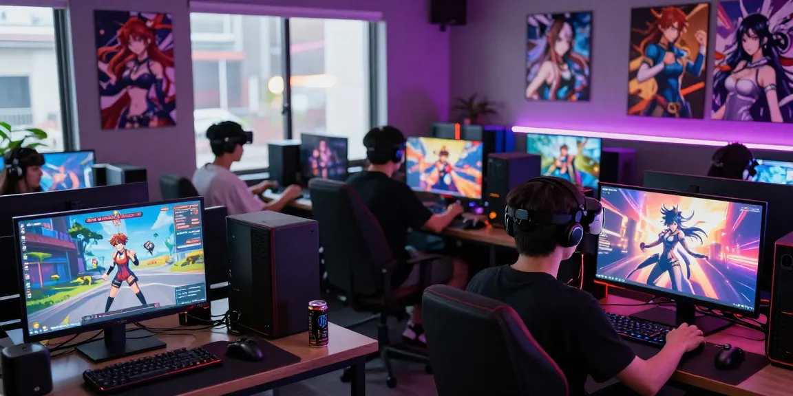 Gamers enjoying hentai games in a lively arcade setting with vibrant lights