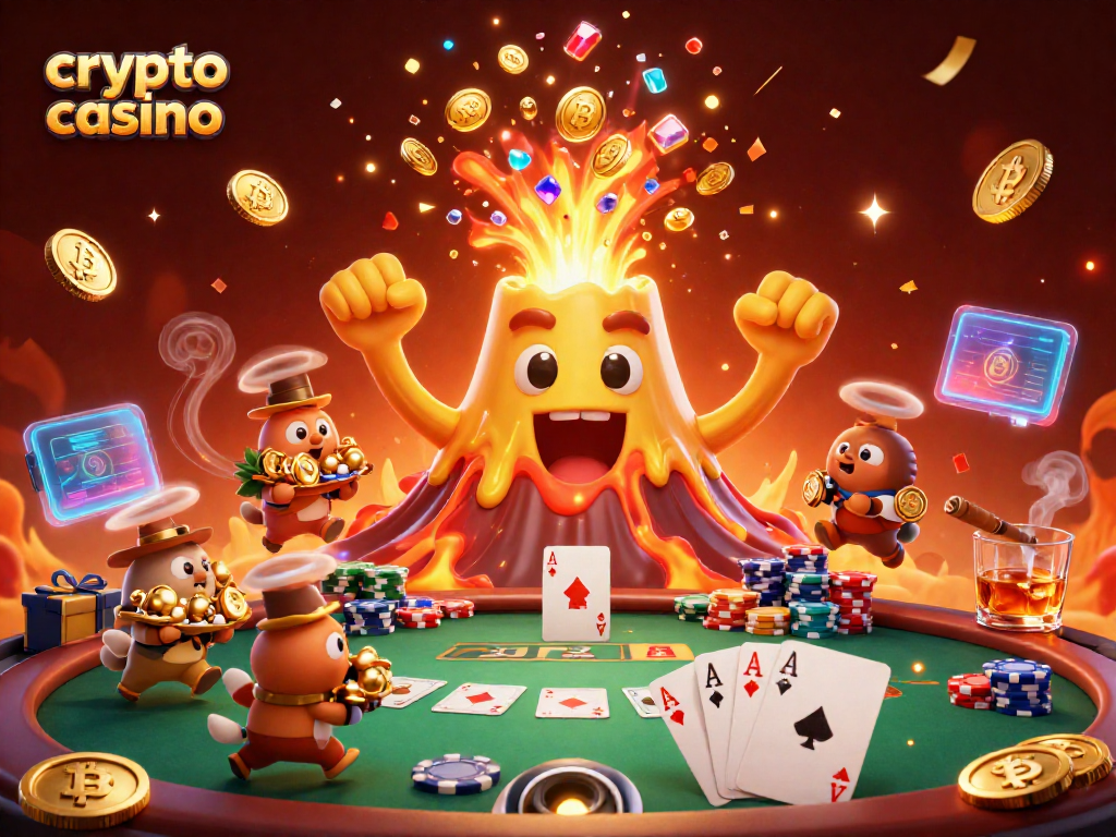 Engaging scene in a crypto casino showcasing a golden volcano erupting with treasure and blockchain elements.