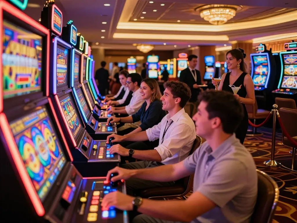 Players enjoying vibrant slot machines at dash88 casino floor, colorful reels spinning with excitement and energy.
