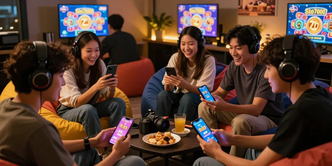 Excited gamers enjoying the Slot7000 app interface in a cozy lounge.