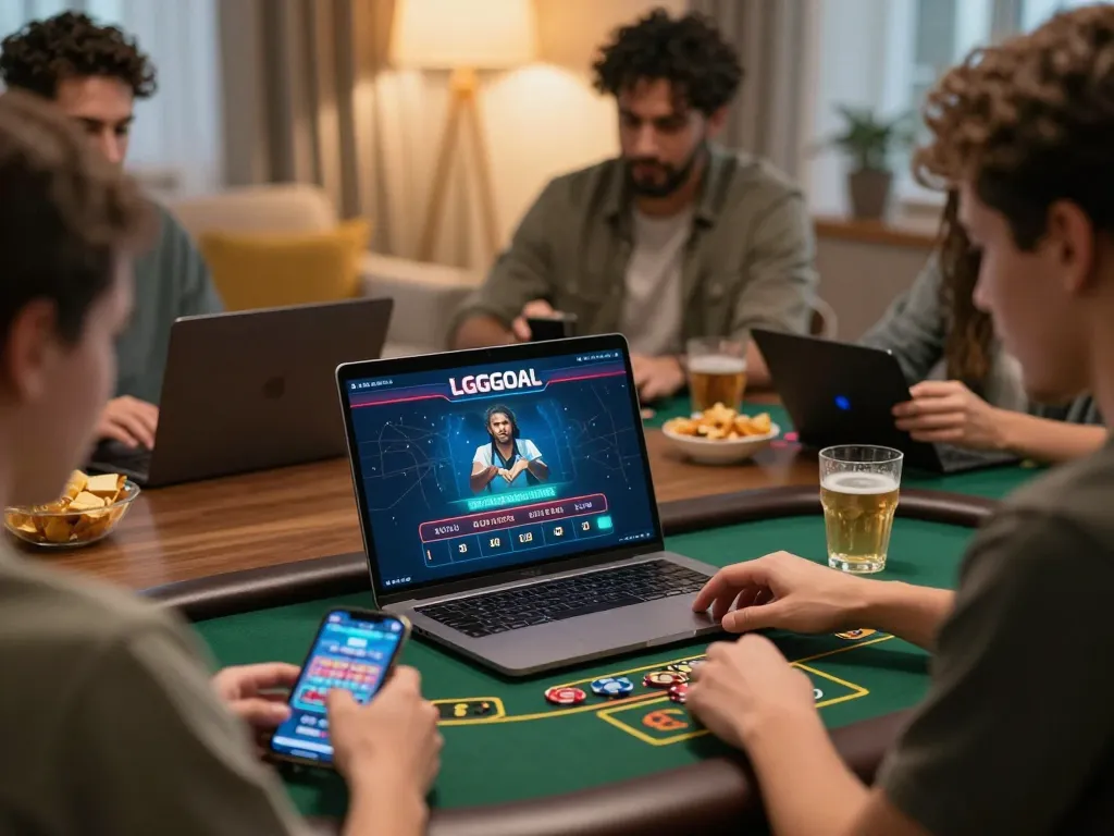 Players engaging with LGOGOAL casino platform during a cozy home gaming session, showcasing online betting excitement.