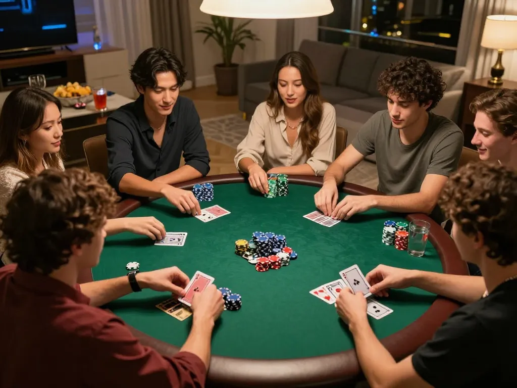 Friends enjoy a lively poker game at home, showcasing the fun of rik vip gaming.