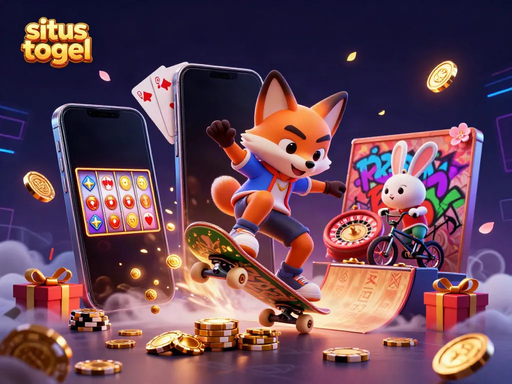 Play slots with situs togel in a vibrant 3D cartoon scene featuring a skateboarder fox and BMX rabbit.