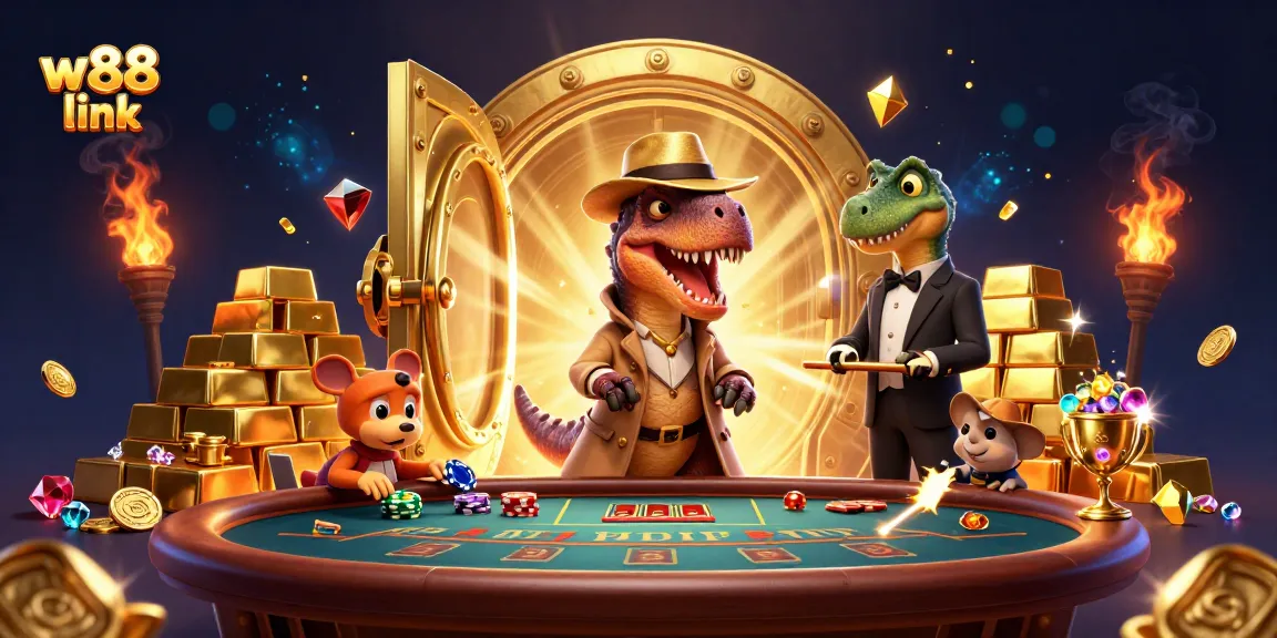 Engage with the latest w88 link in a vibrant 3D casino scene with quirky characters.