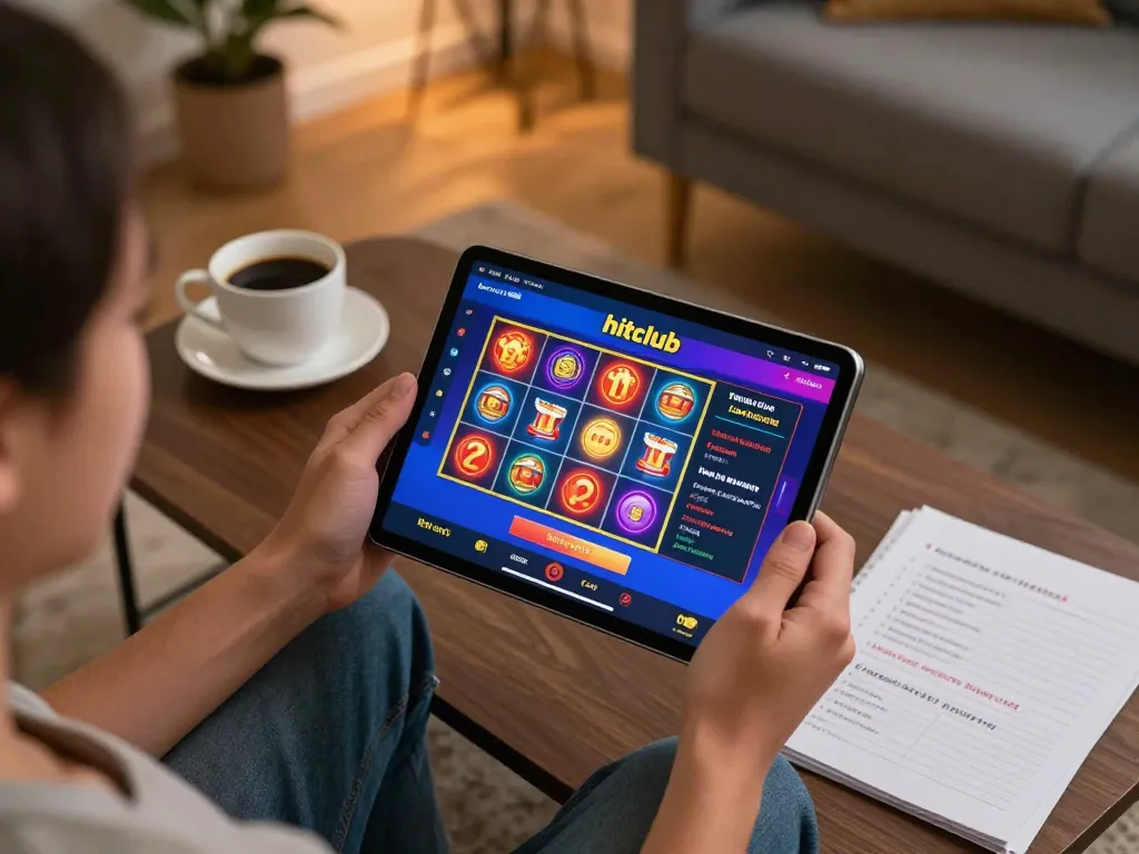 Player engaging with hitclub casino app on tablet in a cozy home setting, showcasing vibrant gaming action.