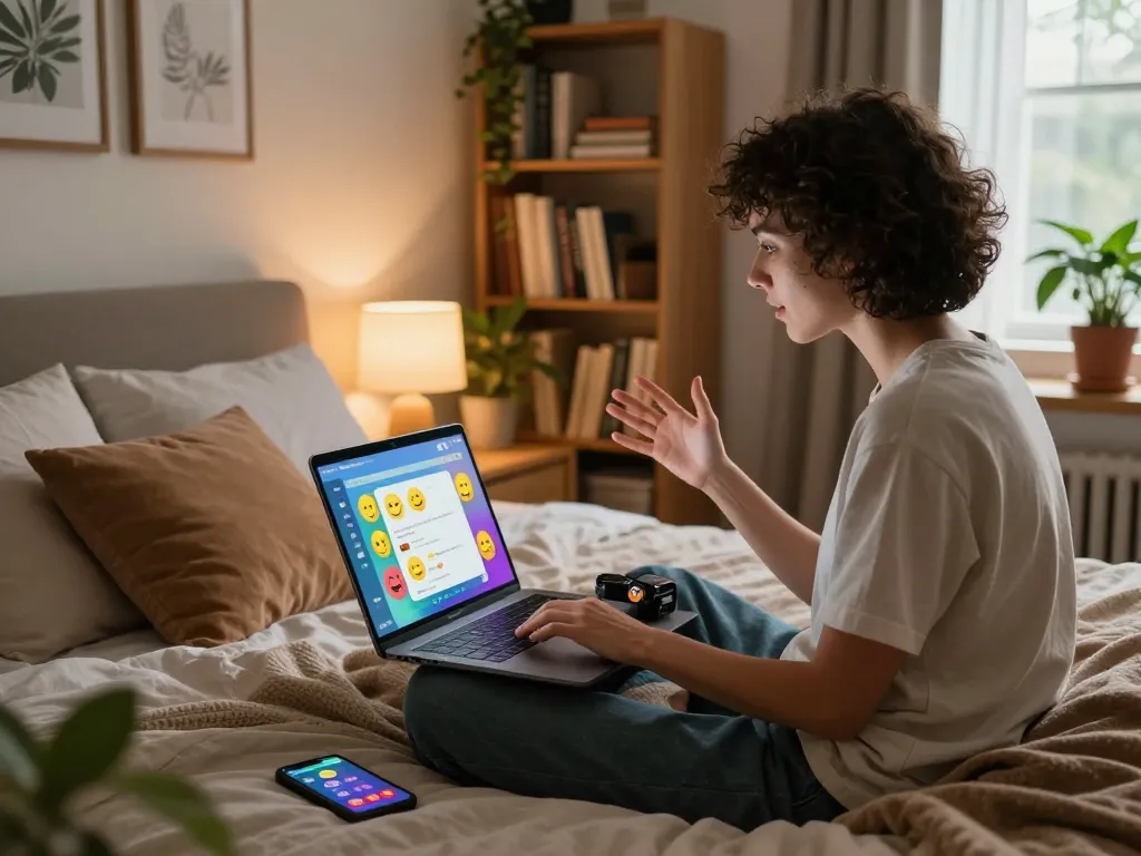 Engaging ai sex chat on a cozy laptop in a warmly lit bedroom.