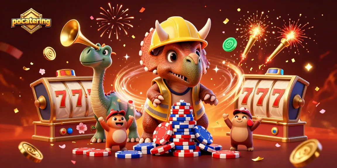 Pocatering menghadirkan triceratops membangun tumpukan chip poker dalam festival meriah dengan reel slot 3D.