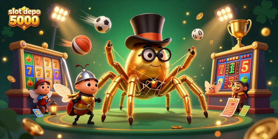 Experience excitement with slot depo 5000 as golden characters illustrate winning strategies in a vibrant casino setting.