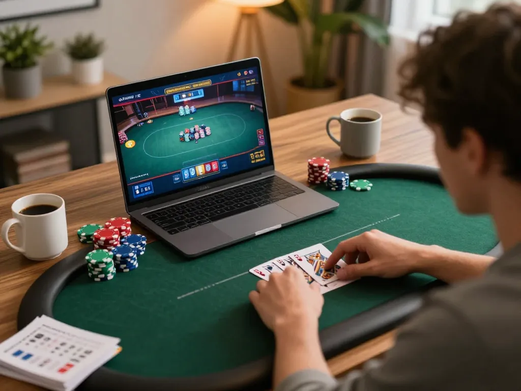 Pfly88 user engaged in intense online poker gameplay at home with colorful chips and strategy notes