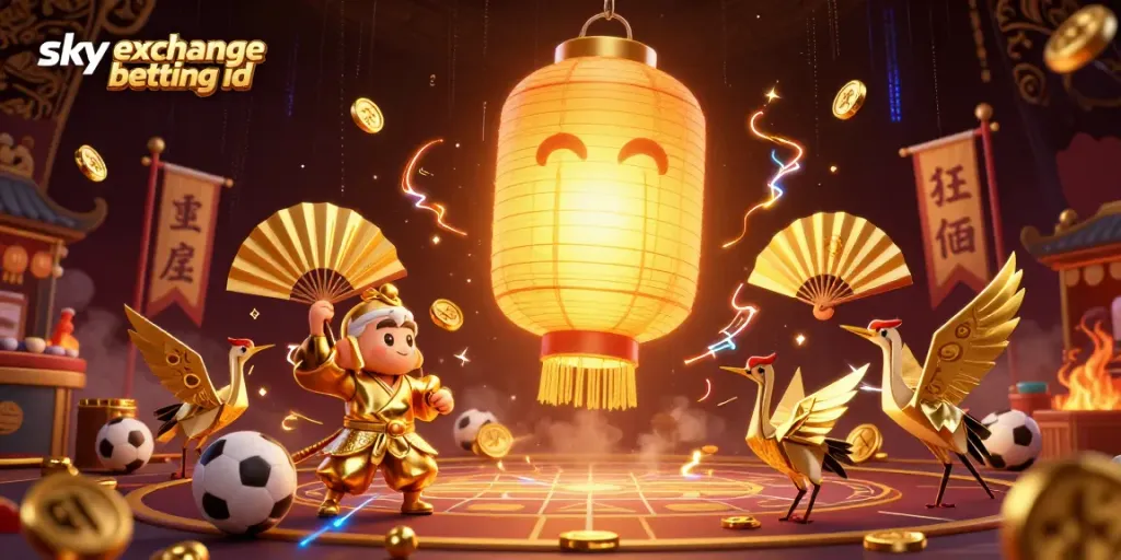 Engaging scene showcasing sky exchange betting id with dynamic sports elements, golden lantern spirit, warriors, and lucky symbols.