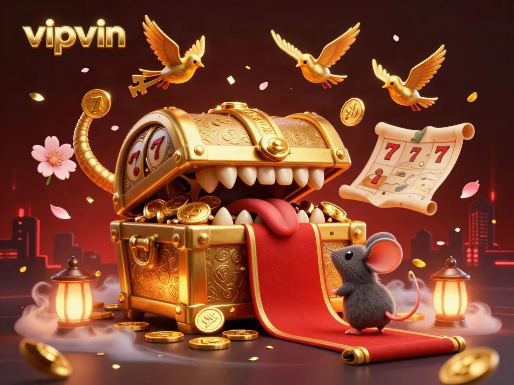 Engage with vipvin's exciting slot scene featuring a golden treasure chest and vibrant slot elements.