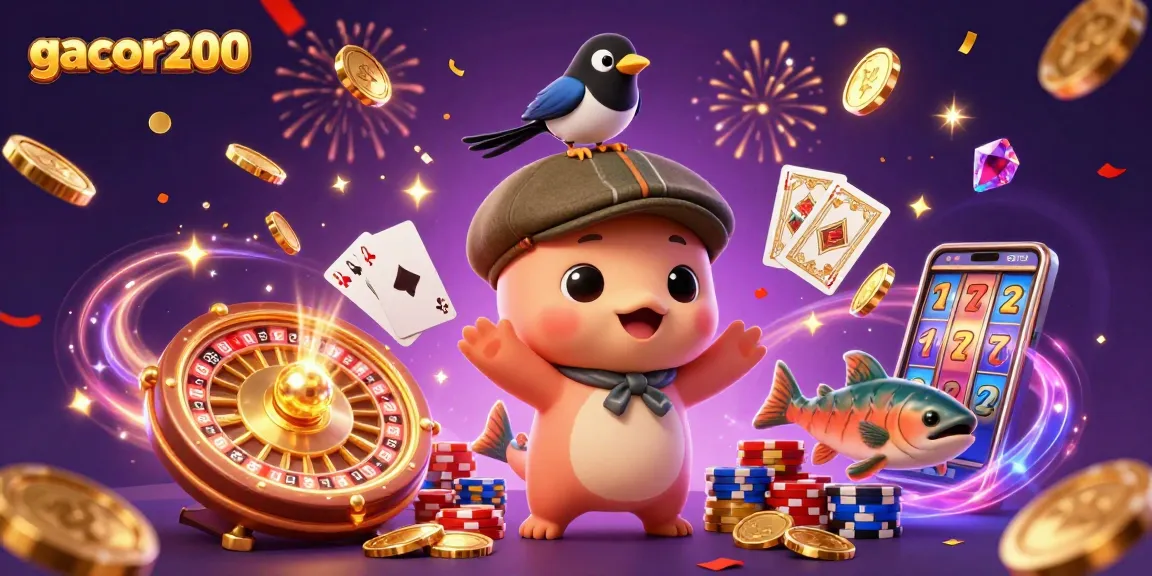 Engage with gacor200's vibrant casino scene featuring a playful Nessie and gold elements.