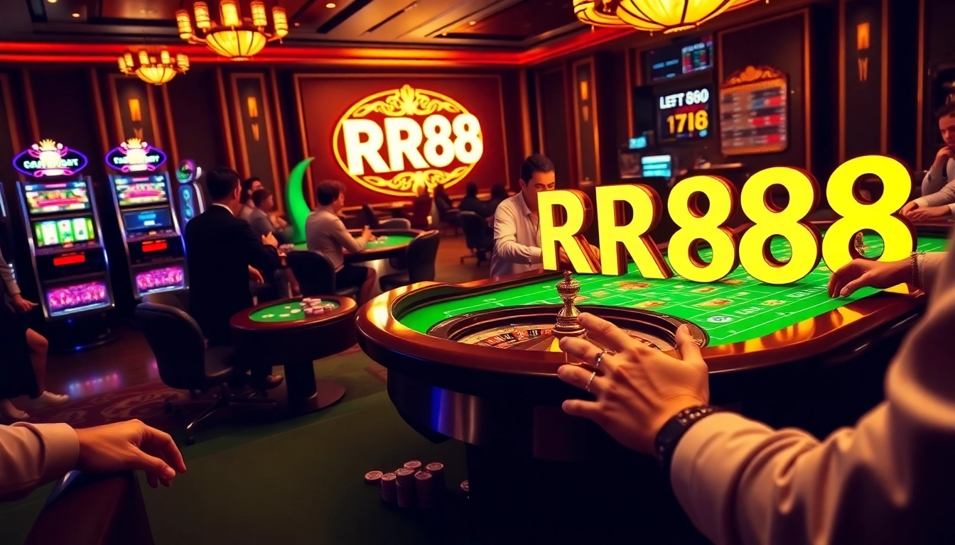 Players enjoying a vibrant RR88 casino experience at a modern gaming table with cards and chips.
