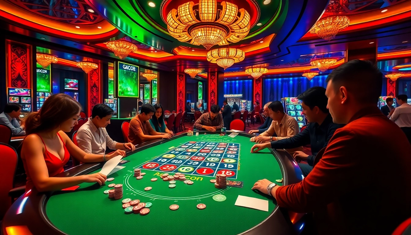 Players enjoying a thrilling game demo gacor at an upscale casino, illuminated in vibrant colors.