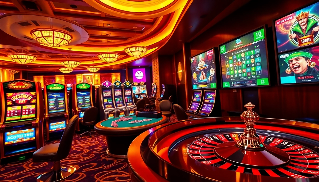 Engaging scene of Amanahtoto online gambling with players at poker and slot machines.