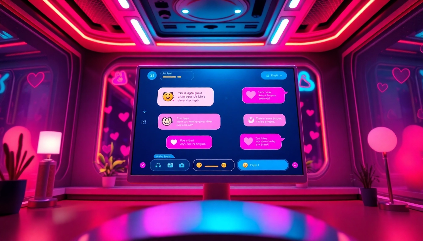Vibrant digital scene of an AI Slut chatbot engaging users in a virtual dating environment.