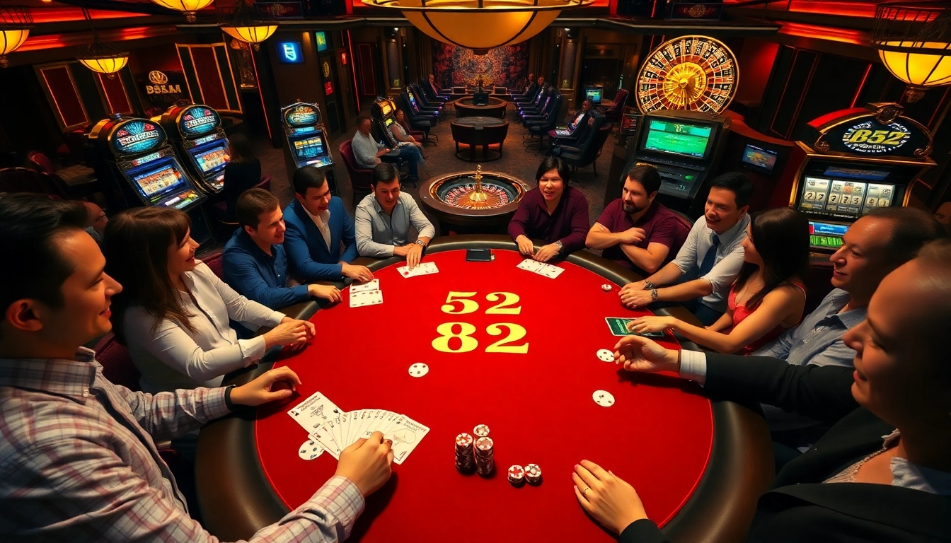 Players enjoy a lively game at the B52 poker table in an upscale casino.