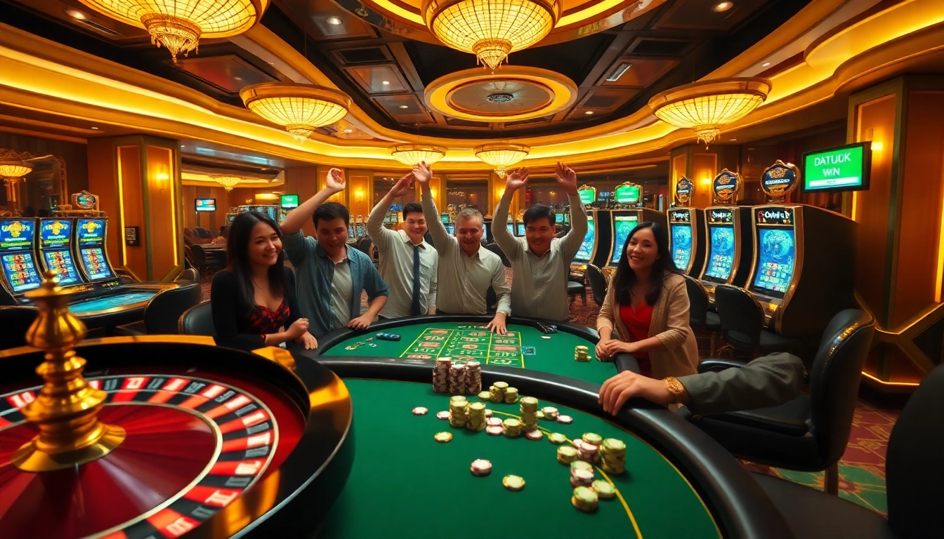 Para pemain merayakan kemenangan Datuk yang mendebarkan di kasino yang ramai, berkumpul di sekitar meja poker.