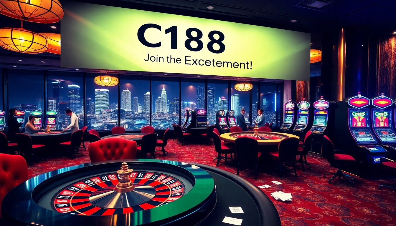 C168 casino experience with vibrant slot machines, poker tables, and roulette wheels in luxurious decor.