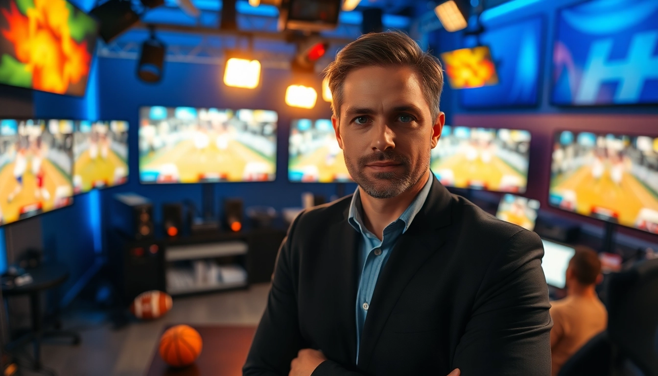 Sports Broadcasting professional delivering live updates in an engaging studio setting.