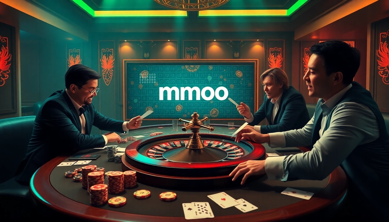 Players enjoying an exhilarating game at a luxurious casino table featuring mmoo branding and colorful chips.