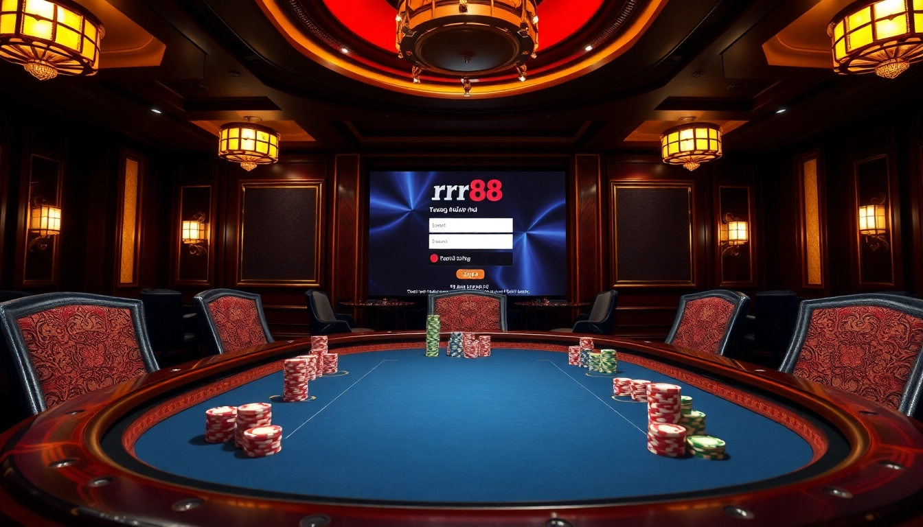 rr88 đăng nhập at a luxurious poker table with vibrant chips and cards, showcasing excitement.