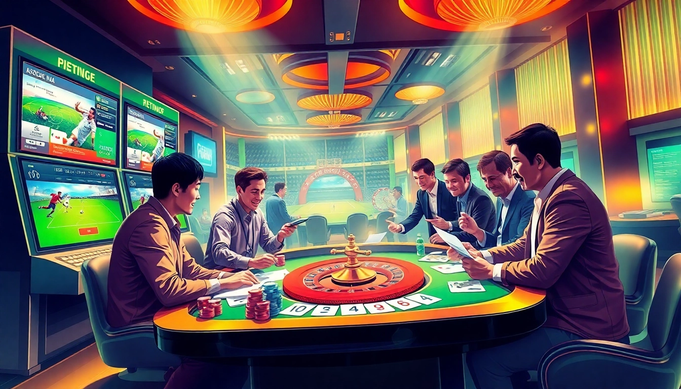 Dynamic casino scene showcasing 'trang cá độ bóng đá uy tín' with football bets and vibrant gambling atmosphere.