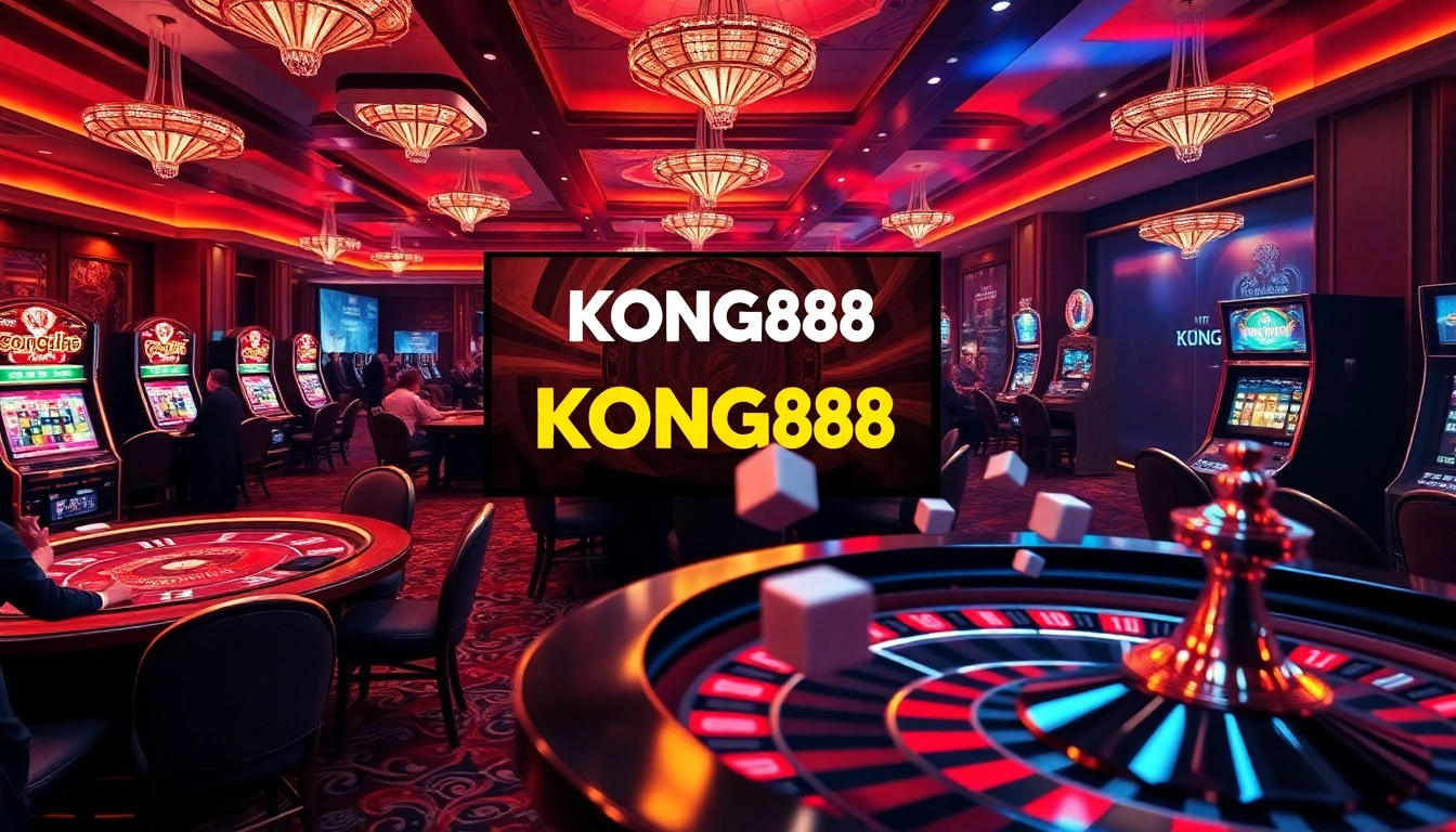 KONG88 betting interface showcasing a luxurious casino scene with poker tables and slot machines.