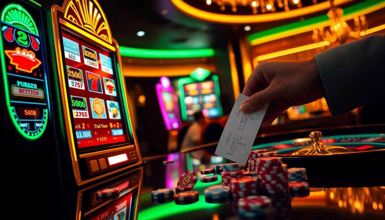 Excited player engaging at an idn slot machine in a vibrant casino setting.