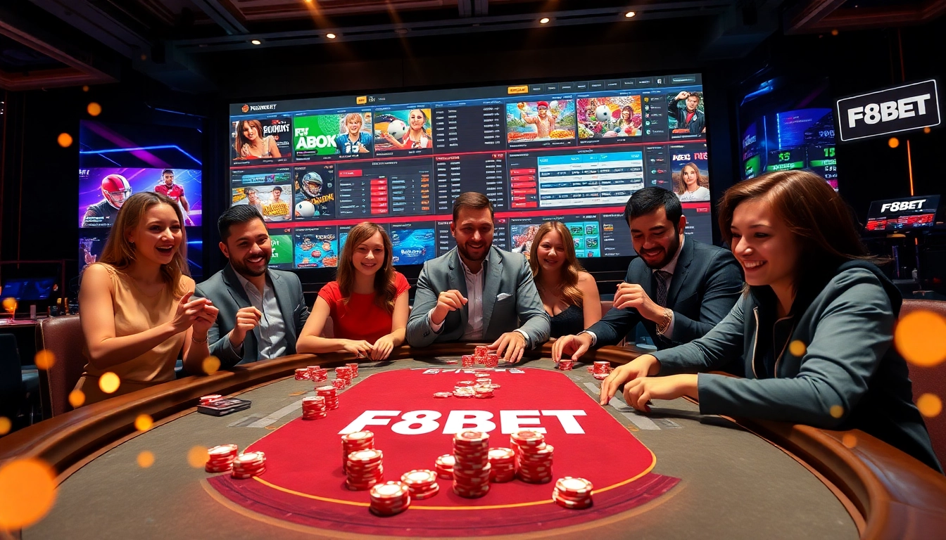 Experience the excitement of gambling with F8BET at a luxurious poker table featuring vibrant chips and eager players.