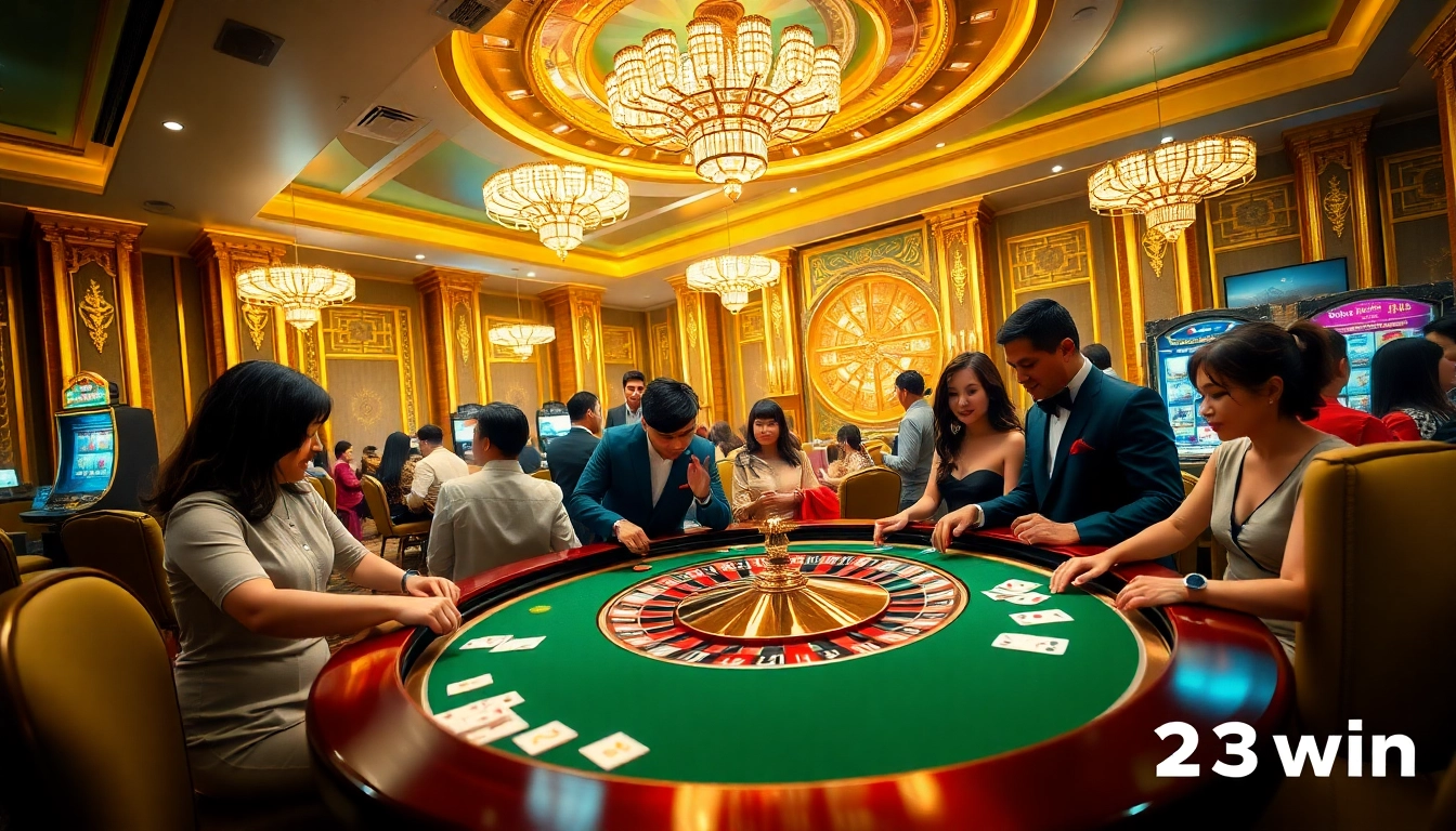 Experience thrilling gaming at 23win nhà cái with players engaging at a roulette table.