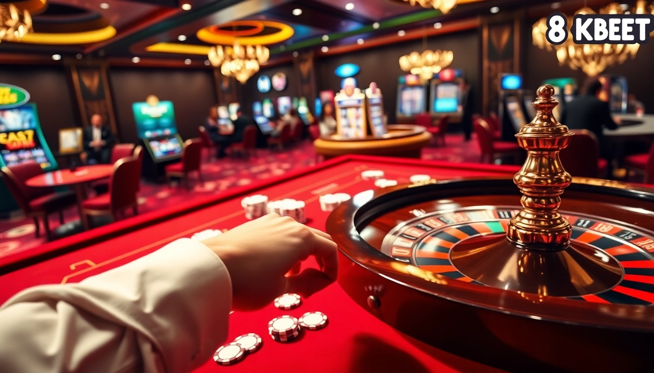 Experience the thrill of winning at 8kbet with poker chips and casino games in a vibrant atmosphere.