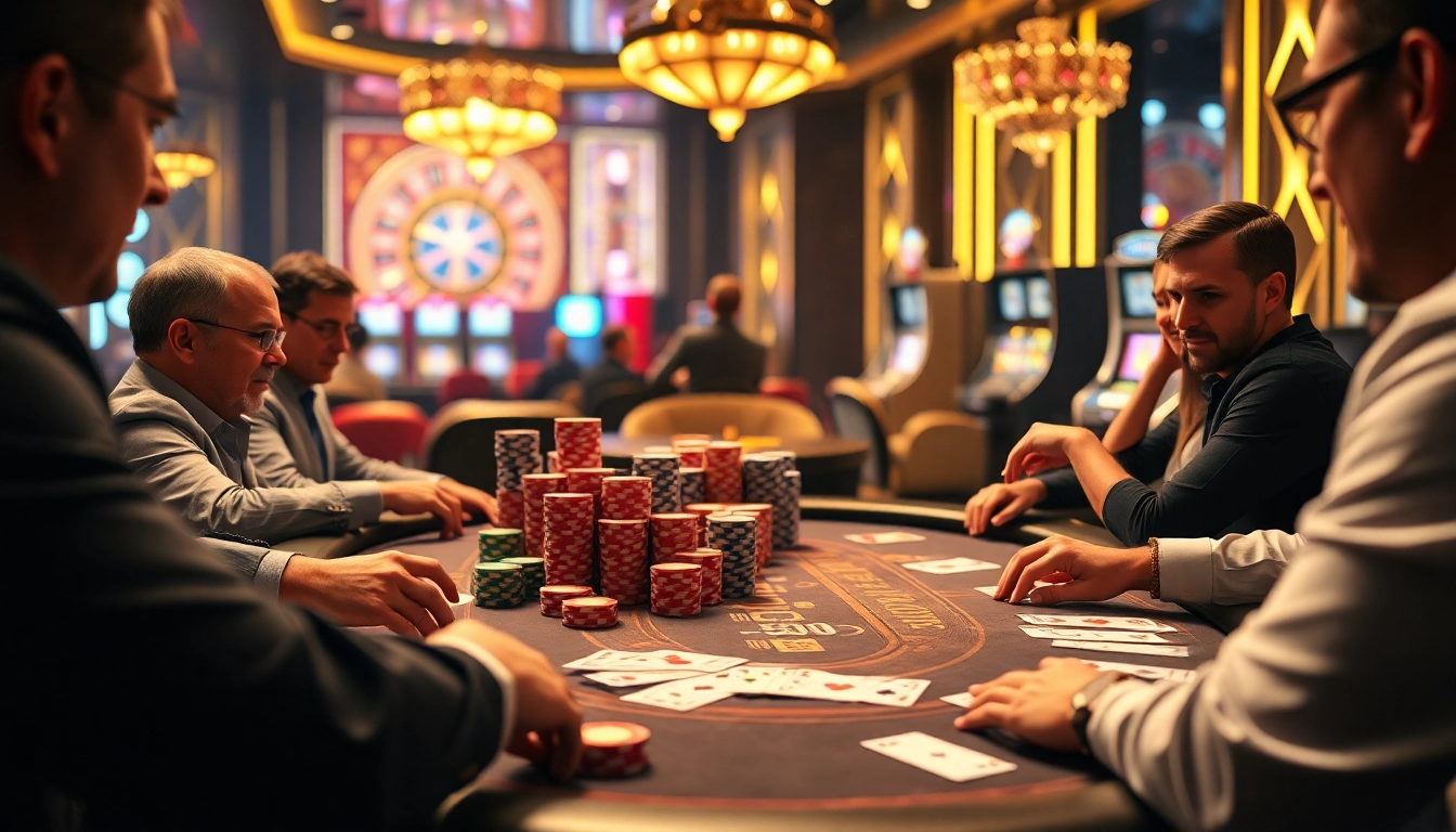 Players enjoying a thrilling PG 99 poker game in a luxurious casino setting.