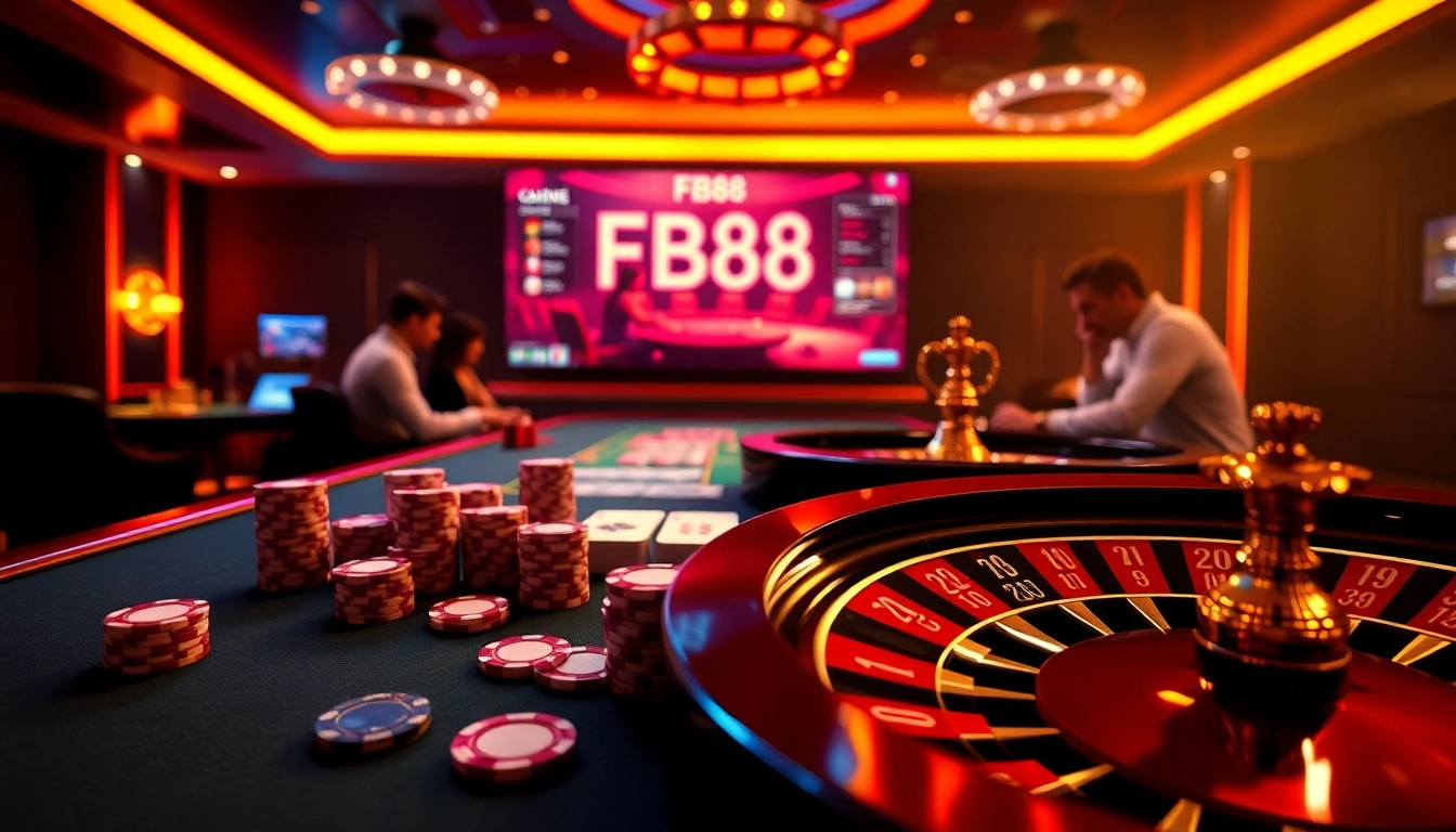 Exciting gaming scene at https://fb88.style/ showcasing poker chips and roulette wheel, inviting players to bet.