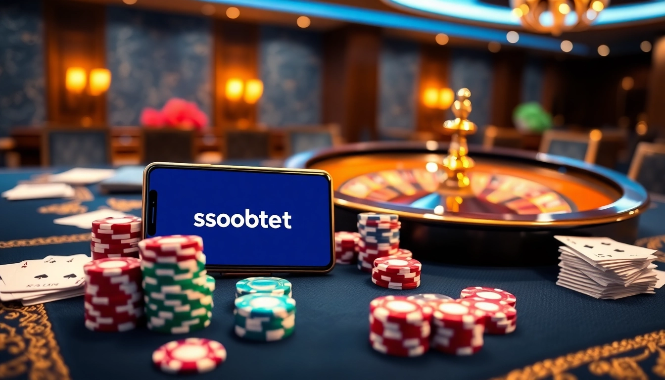 Experience sbobet link alternatif with a vibrant casino setting featuring poker chips, cards, and online betting.