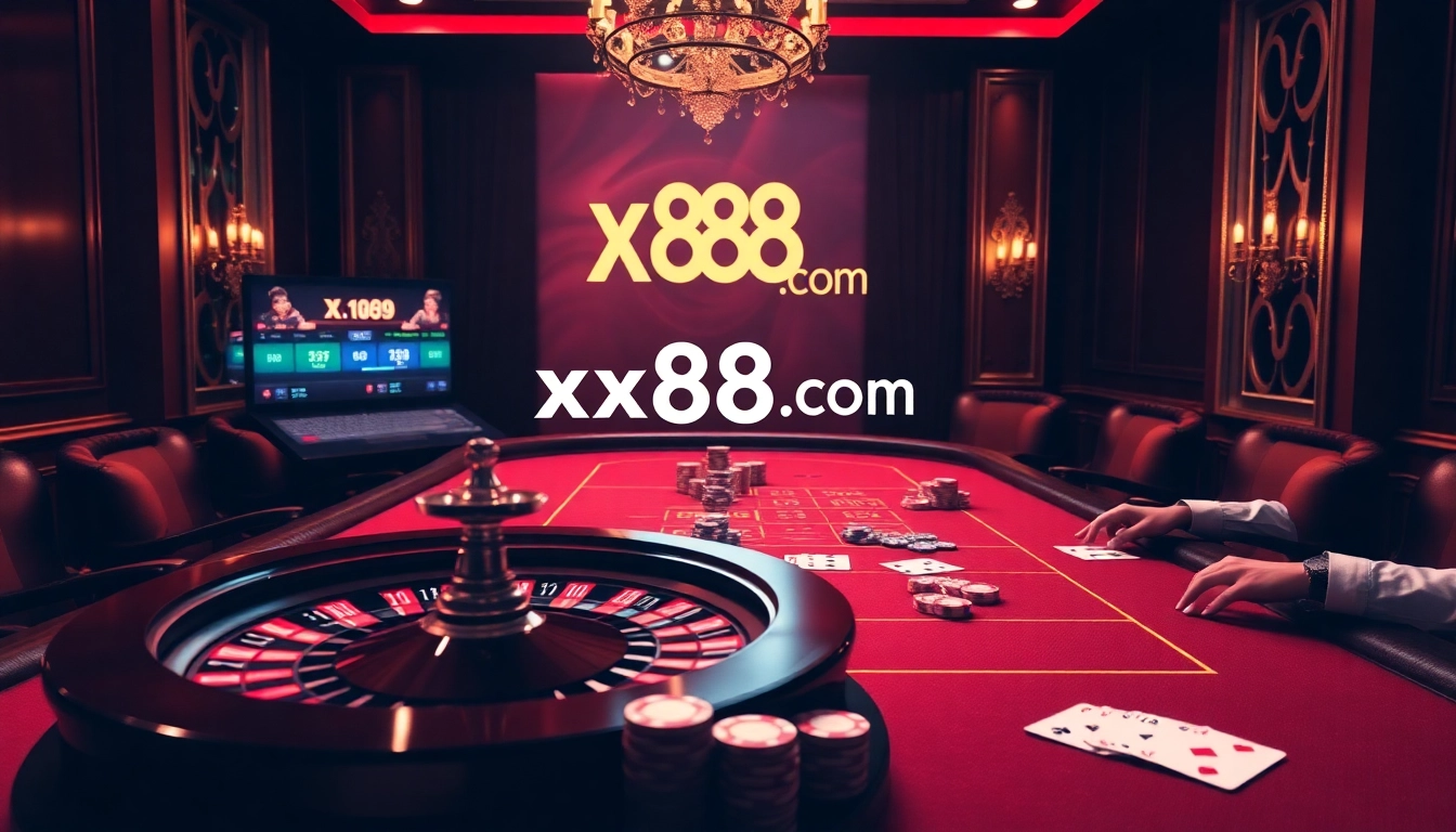 Experience excitement at xx88 com with a roulette wheel and poker chips under elegant lighting.