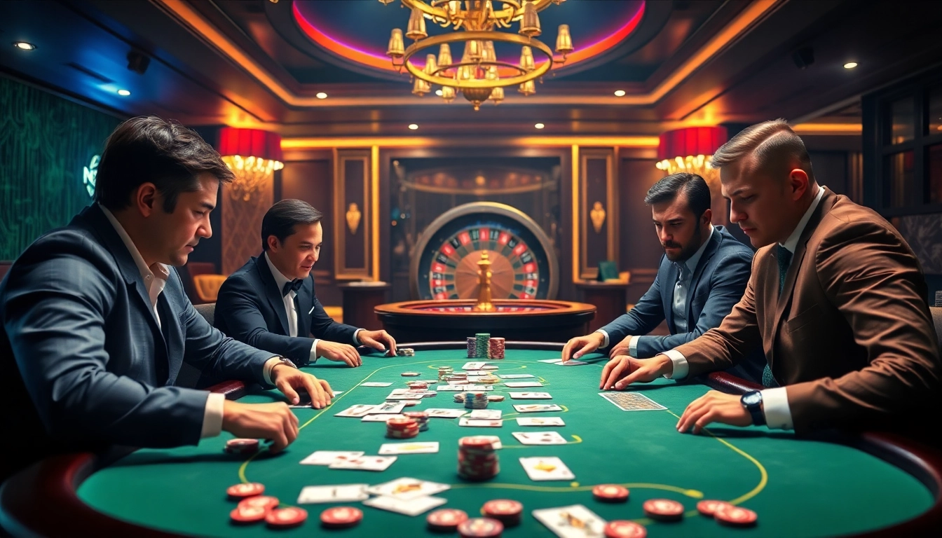 Professional poker players strategizing at PG 66's high-stakes table, showcasing intense focus.