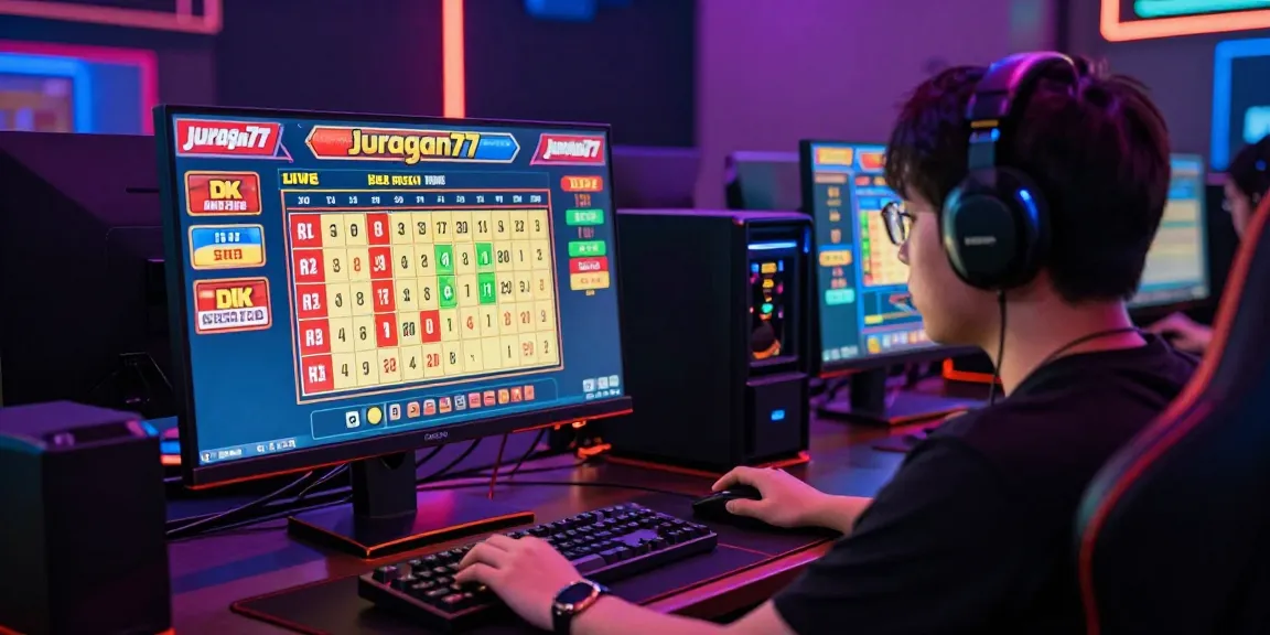 Pengalaman bermain togel juragan77 secara langsung di meja gaming dengan monitor dan perlengkapan modern.