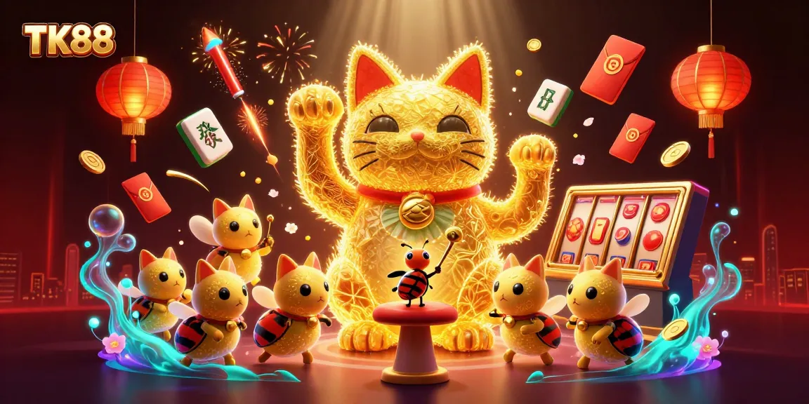 Play lucky games at TK88 with a giant lucky cat and vibrant casino symbols around.