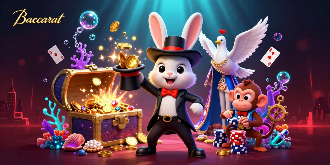 Baccarat game scene featuring a cartoon magician, dove, and monkey with poker chips in an underwater treasure display.